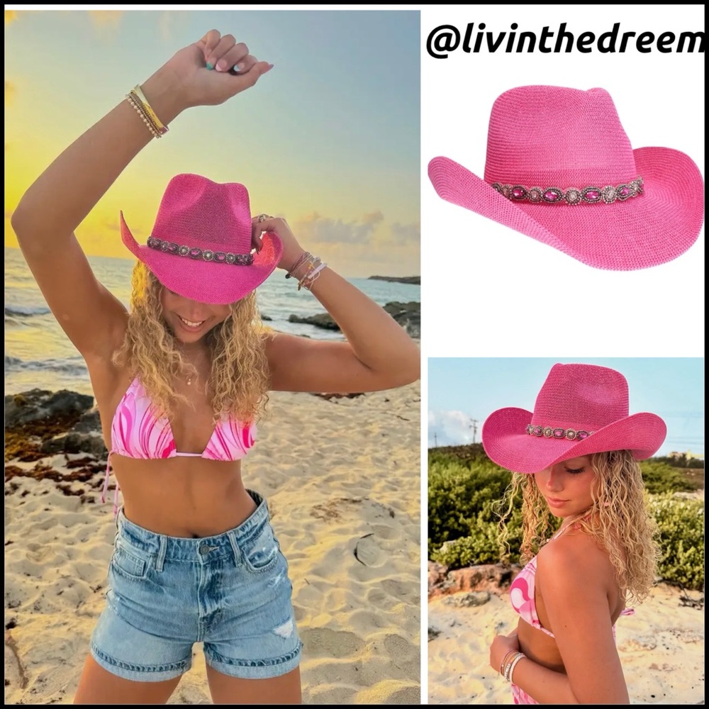 C.C Rhinestone Jewel Charm Trim Cowboy Hat - Pink